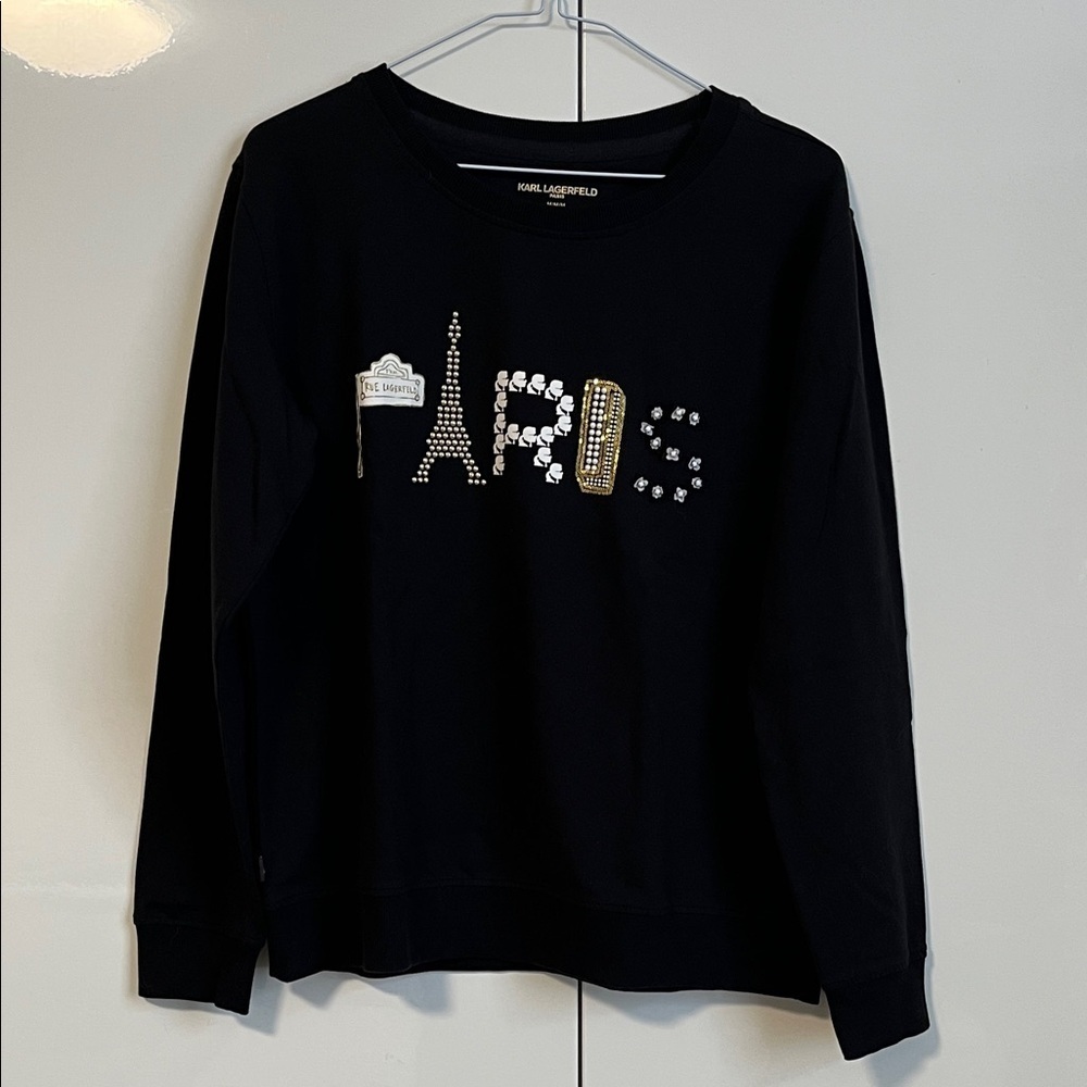 NWOT KARL LAGERFIELD “PARIS” Embellished Long Sleeve Cotton Crew Jersey Top, SzM